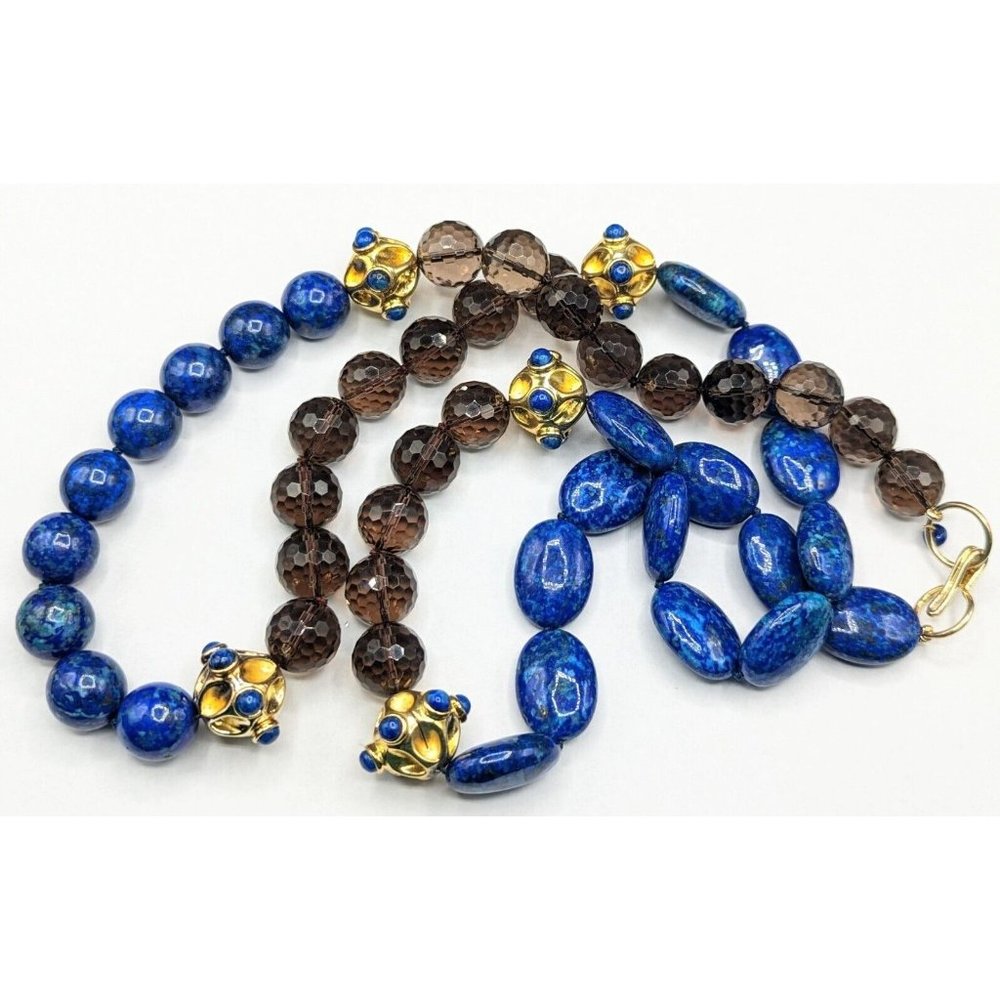 Bounkit Gold Plated Bronze Faceted Smoky Quartz Blue Stone Bead Chunky Necklace